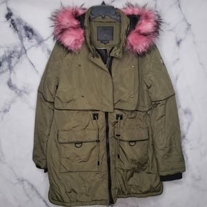Noize green parka coat with removable faux fur